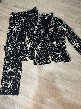 Vintage Talento Black & White Floral Two Piece Set Pants Blazer Y2K